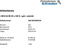 1 Sechskantschrauben ISO 4014 8.8 verzinkt M20x330