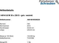 1 Sechskantschrauben ISO 4014 8.8 verzinkt M30x230