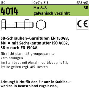 10 Sechskant Schrauben Garnituren SB ISO 4014 8.8 CE Mu M24x100 verzinkt