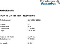 50 Sechskantschrauben ISO 4014 8.8 U M12x130...