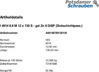 50 Sechskantschrauben ISO 4014 8.8 DiSP M12x130