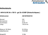 10 Sechskantschrauben ISO 4014 8.8 DiSP M24x130