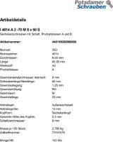 100 Edelstahl V2A Sechskantschrauben ISO 4014 A2 - 70 M8x60