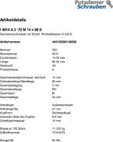 50 Edelstahl V2A Sechskantschrauben ISO 4014 A2 - 70 M14x80