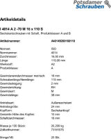 25 Edelstahl V2A Sechskantschrauben ISO 4014 A2 - 70 M16x110