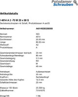 1 Edelstahl V2A Sechskantschrauben ISO 4014 A2 - 70 M20x80