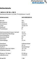 1 Edelstahl V2A Sechskantschrauben ISO 4014 A2 M30x140