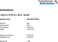 1 Edelstahl V2A Sechskantschrauben ISO 4014  AD-W2 A2 -70 M16x150