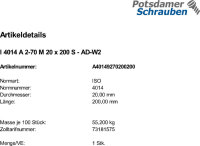 1 Edelstahl V2A Sechskantschrauben ISO 4014  AD-W2 A2 -70 M20x200