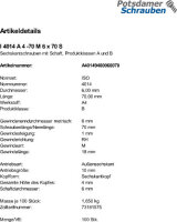 100 Edelstahl V4A Sechskantschrauben ISO 4014 A4 - 70 M6x70