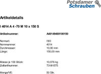 50 Edelstahl V4A Sechskantschrauben ISO 4014 A4 - 70 M10x150