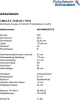 10 Edelstahl V4A Sechskantschrauben ISO 4014 A4 - 70 M22x170