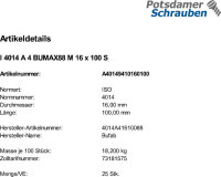 25 Sechskantschrauben ISO 4014 A4 BUMAX88 M16x100 A4 - 88 Niro Edelstahl