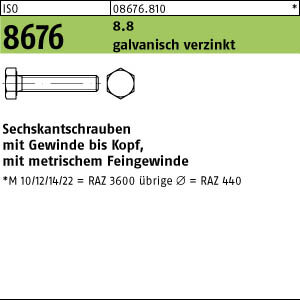 200 Feingewinde Sechskantschrauben ISO 8676 8.8 verzinkt M10x1x16