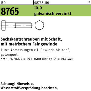 100 Feingewinde Sechskantschrauben ISO 8765 10.9 verzinkt M12x1,5x45
