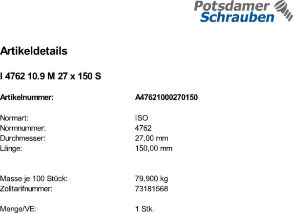 1 Innensechskant Zylinderkopfschrauben ISO 4762 10.9 schwarz M27x150