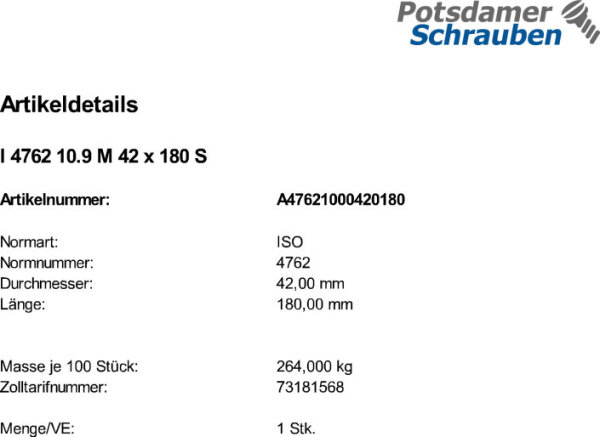 1 Innensechskant Zylinderkopfschrauben ISO 4762 10.9 schwarz M42x180