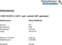 100 Innensechskant Zylinderkopfschrauben ISO 4762 10.9 verzinkt M5x140