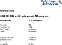 25 Innensechskant Zylinderkopfschrauben ISO 4762 10.9 verzinkt M20x40