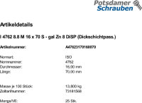 25 Innensechskant Zylinderkopfschrauben ISO 4762 8.8 M16x70 8 DiSP