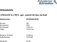 50 Innensechskant Zylinderkopfschrauben ISO 4762 8.8 verzinkt M12x100 Vollgewinde