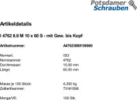 100 Innensechskant Zylinderkopfschrauben ISO 4762 8.8 M10x60 Vollgewinde