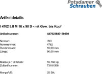 25 Innensechskant Zylinderkopfschrauben ISO 4762 8.8 M16x90 Vollgewinde