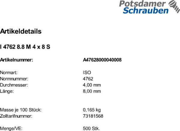 500 Innensechskant Zylinderkopfschrauben ISO 4762 8.8 schwarz M4x8