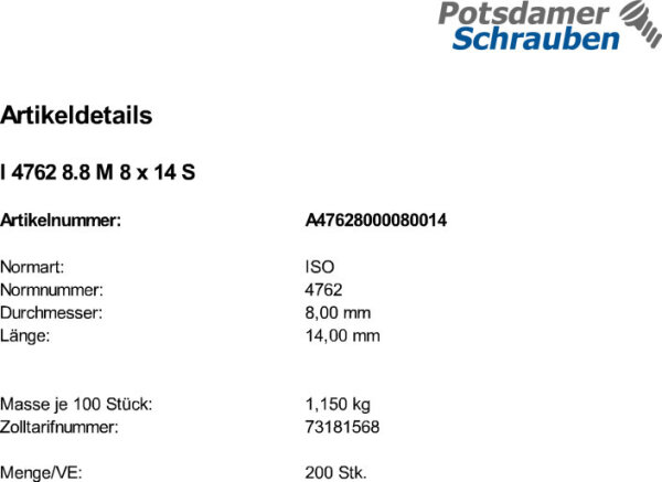 200 Innensechskant Zylinderkopfschrauben ISO 4762 8.8 schwarz M8x14