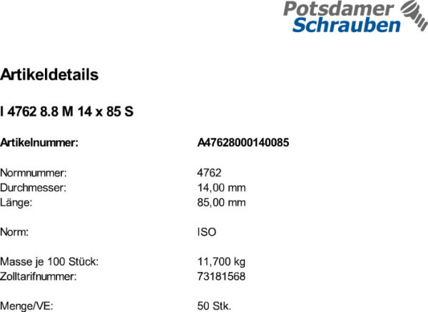 50 Innensechskant Zylinderkopfschrauben ISO 4762 8.8 schwarz M14x85