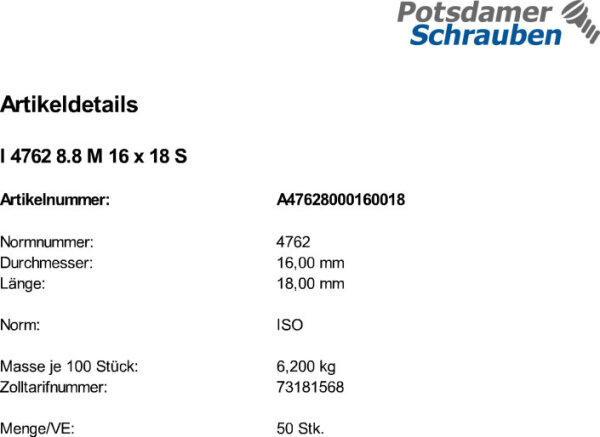50 Innensechskant Zylinderkopfschrauben ISO 4762 8.8 schwarz M16x18