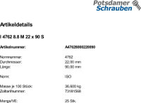 25 Innensechskant Zylinderkopfschrauben ISO 4762 8.8 schwarz M22x90