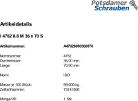 1 Innensechskant Zylinderkopfschrauben ISO 4762 8.8 schwarz M36x70