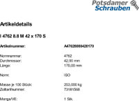 1 Innensechskant Zylinderkopfschrauben ISO 4762 8.8 schwarz M42x170