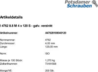 200 Innensechskant Zylinderkopfschrauben ISO 4762 8.8 verzinkt M4x120