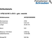 200 Innensechskant Zylinderkopfschrauben ISO 4762 8.8 verzinkt M5x50