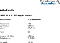 100 Innensechskant Zylinderkopfschrauben ISO 4762 8.8 verzinkt M8x240