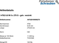 100 Innensechskant Zylinderkopfschrauben ISO 4762 8.8 verzinkt M8x270