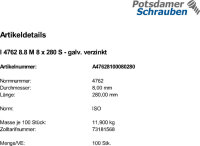 100 Innensechskant Zylinderkopfschrauben ISO 4762 8.8 verzinkt M8x280