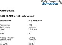 100 Innensechskant Zylinderkopfschrauben ISO 4762 8.8 verzinkt M10x115