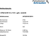 100 Innensechskant Zylinderkopfschrauben ISO 4762 8.8 verzinkt M12x14