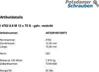 50 Innensechskant Zylinderkopfschrauben ISO 4762 8.8 verzinkt M12x75