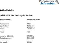 25 Innensechskant Zylinderkopfschrauben ISO 4762 8.8 verzinkt M16x190