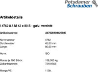 1 Innensechskant Zylinderkopfschrauben ISO 4762 8.8 verzinkt M42x80