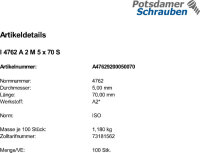 100 Edelstahl V2A Innensechskant Zylinderkopfschrauben ISO 4762 A2 M5x70