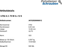 500 Edelstahl V2A Innensechskant Zylinderkopfschrauben ISO 4762 A2 - 70 M6x12