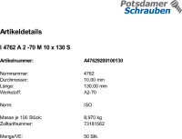 50 Edelstahl V2A Innensechskant Zylinderkopfschrauben ISO 4762 A2 - 70 M10x130