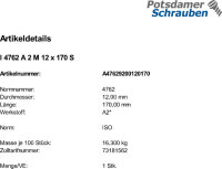 1 Edelstahl V2A Innensechskant Zylinderkopfschrauben ISO 4762 A2 M12x170