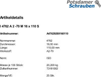 25 Edelstahl V2A Innensechskant Zylinderkopfschrauben ISO 4762 A2 - 70 M16x110