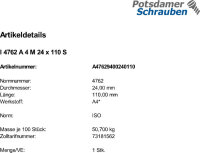 1 Edelstahl V4A Innensechskant Zylinderkopfschrauben ISO 4762 A4 M24x110